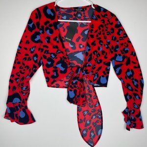 NWT Red cheetah print tie front wrap crop top